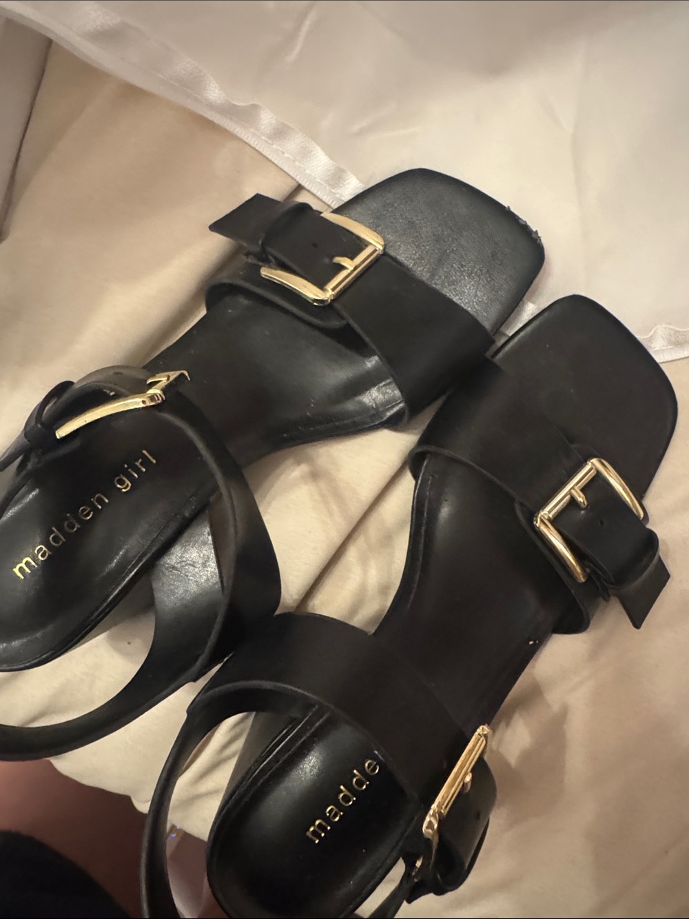 Madden Girl Black Sandals with Gold Buckles